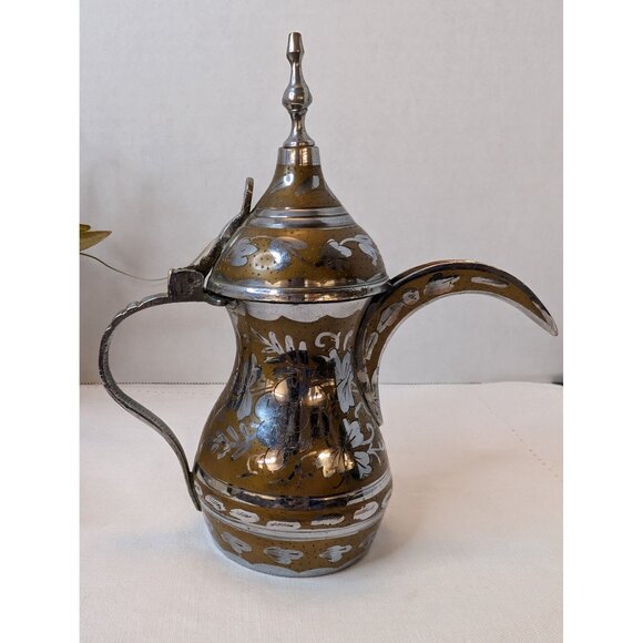 Vintage Dallah Coffee Pot Middle Eastern Style Brass & Silver Floral Engravings - Picture 10 of 10